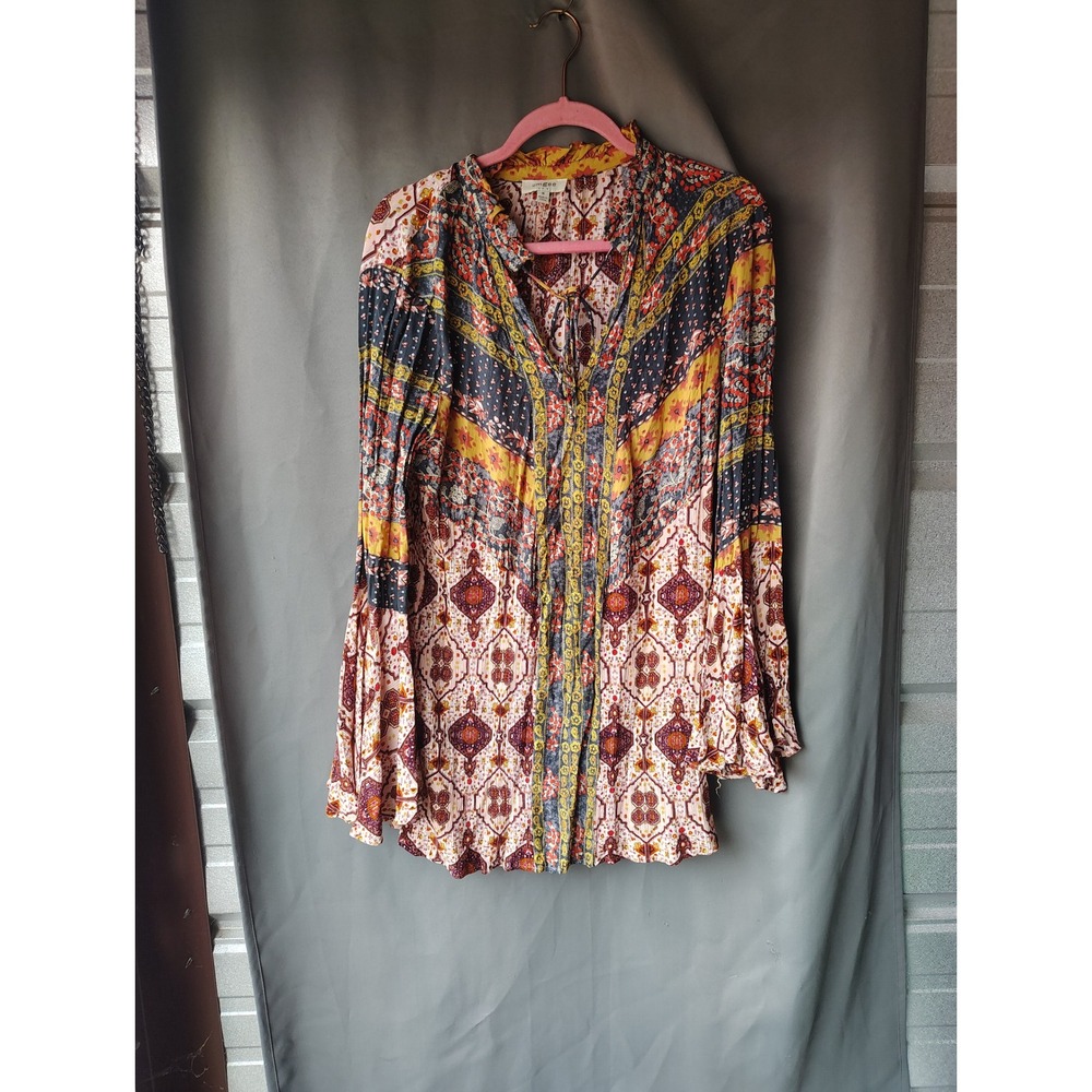 Umgee Boho Mixed Print Bell Sleeve Tunic Top Mustard Burgundy Navy Womens Medium